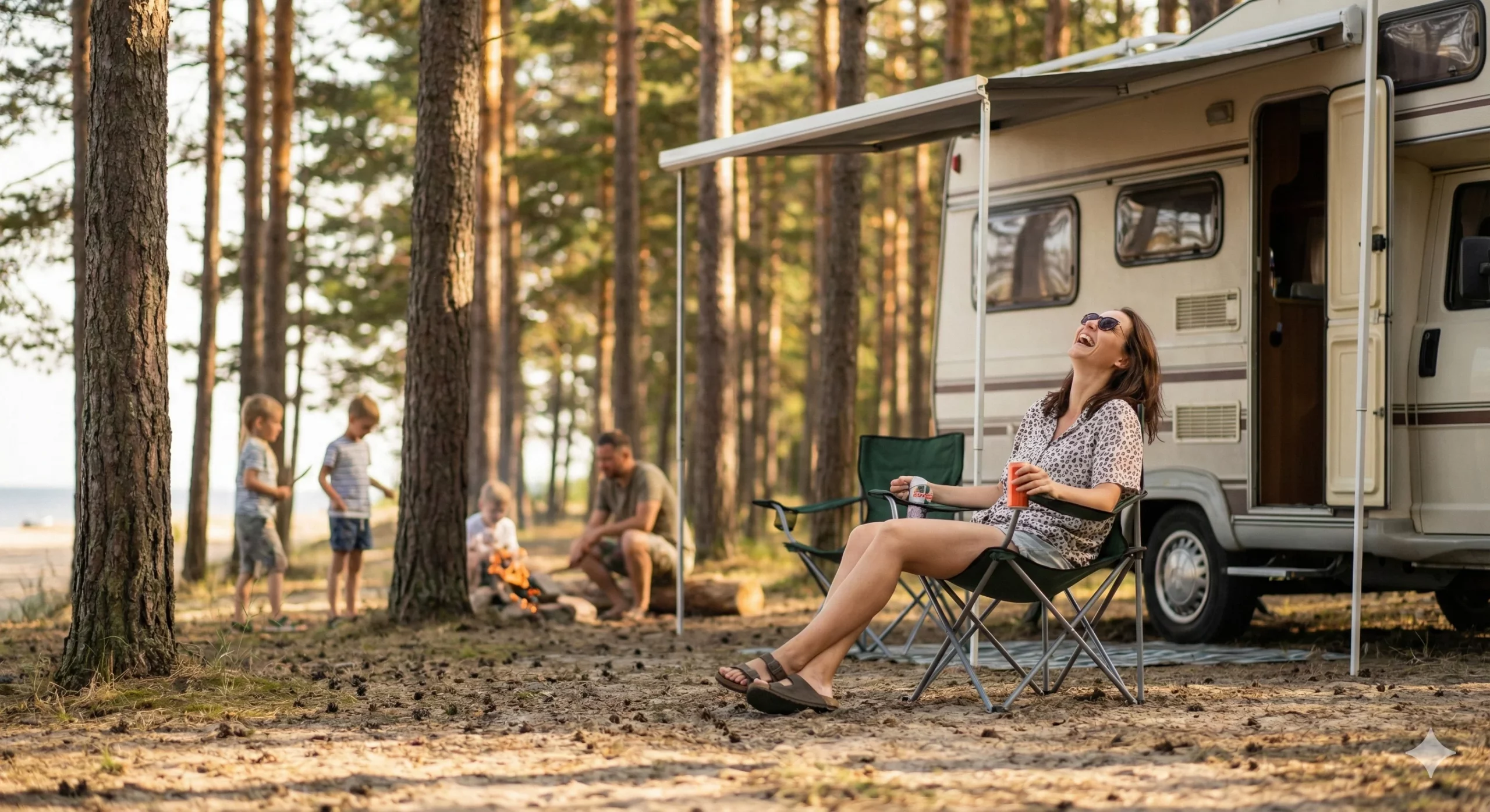 Trabajadora fingiendo cuidado familiar en un camping