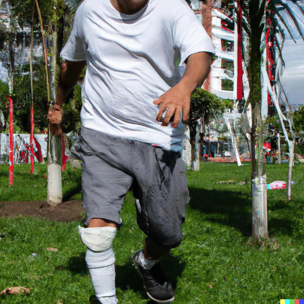 Un hombre con un yeso en la pierna, supuestamente en baja laboral por una fractura jugando enérgicamente al fútbol en un parque local