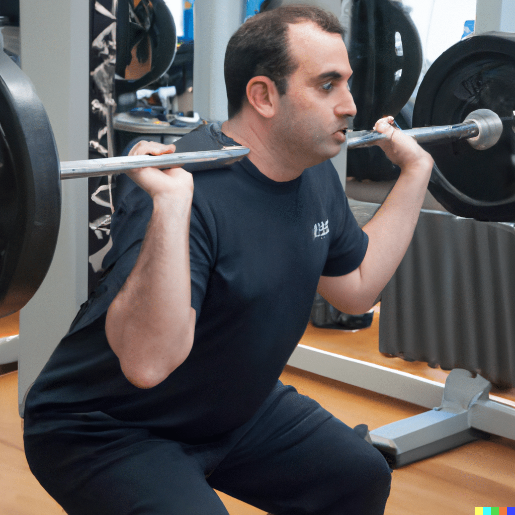 Un hombre en baja laboral por una lesión en la espalda, haciendo levantamiento de pesas en un gimnasio