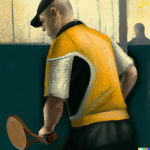Un hombre en baja laboral por una lesión en la espalda, jugando al padel, representado con un alto nivel de detalle y precisión al estilo de una pintu