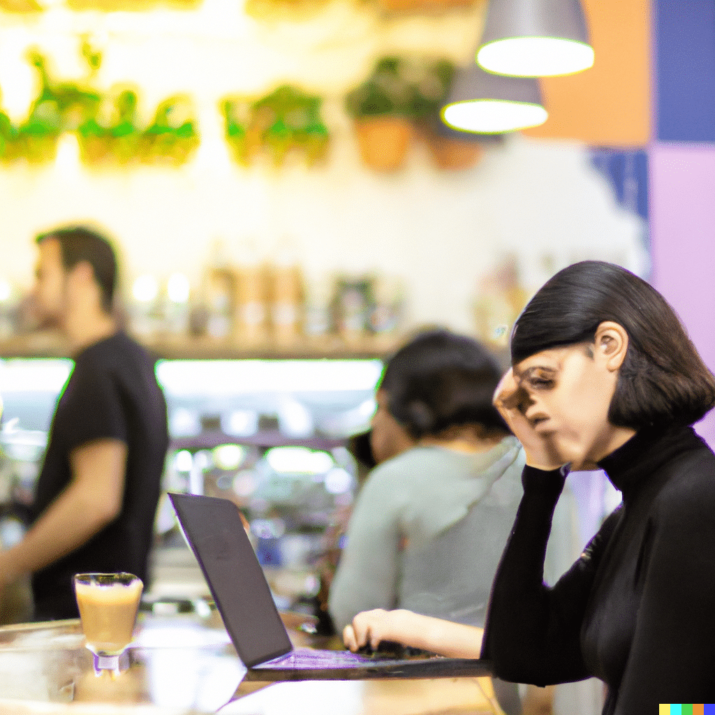 Una mujer en baja laboral por estrés, sentada en un café ruidoso y lleno de gente, trabajando en su portátil