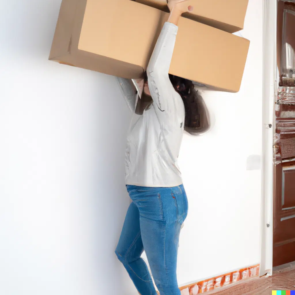 Una mujer en baja laboral por una lesión en la espalda, levantando pesadas cajas en una mudanza