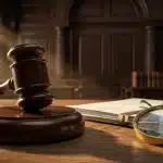 Primer plano de un mazo de juez y documentos legales sobre un escritorio, simbolizando la sentencia del Tribunal Supremo (STS 817/2023) que avala la contratación de detectives privados por empresas sin necesidad de sospechas previas.