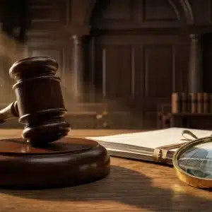 Primer plano de un mazo de juez y documentos legales sobre un escritorio, simbolizando la sentencia del Tribunal Supremo (STS 817/2023) que avala la contratación de detectives privados por empresas sin necesidad de sospechas previas.