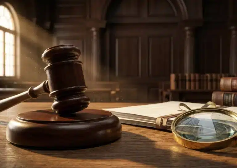 Primer plano de un mazo de juez y documentos legales sobre un escritorio, simbolizando la sentencia del Tribunal Supremo (STS 817/2023) que avala la contratación de detectives privados por empresas sin necesidad de sospechas previas.