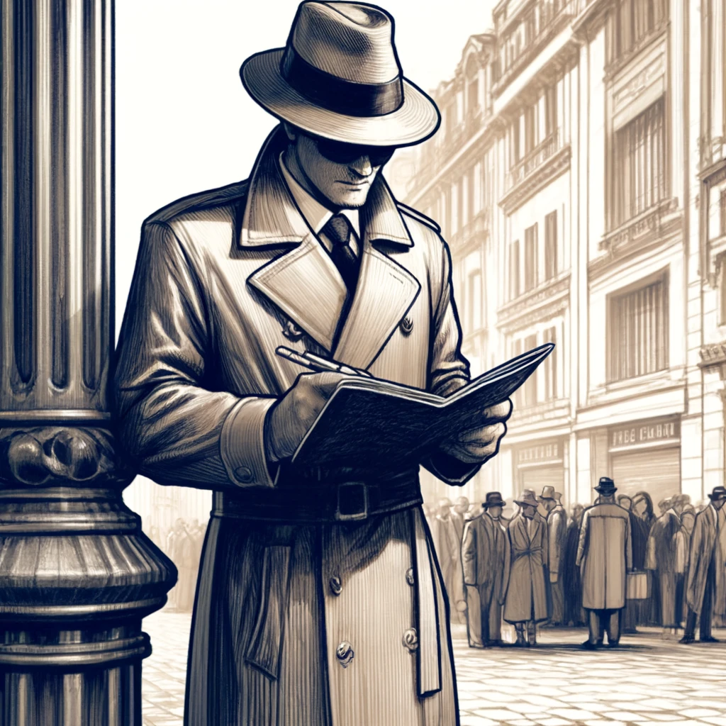 Una ilustración detallada de un detective privado, vestido de manera discreta con una gabardina y sombrero, observando y tomando notas desde la esquina