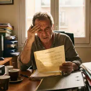 Empresario revisando contrato laboral ante sospecha de baja fraudulenta de empleado