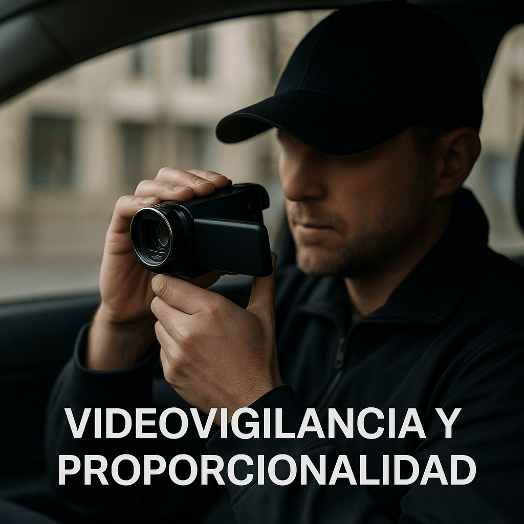 Detective privado grabando discretamente con cámara de mano desde un coche, aplicando proporcionalidad
