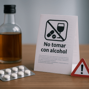 Mesa de noche con blíster de pastillas, vaso vacío y nota de advertencia de no mezclar con alcohol