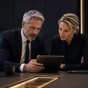 Equipo directivo analizando una auditoría corporativa por fraude en baja laboral fingida.
