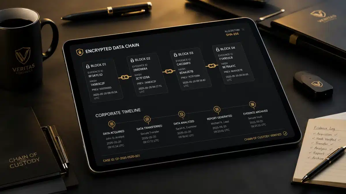 Tablet mostrando la cadena de custodia cifrada en una investigación de fraude laboral.