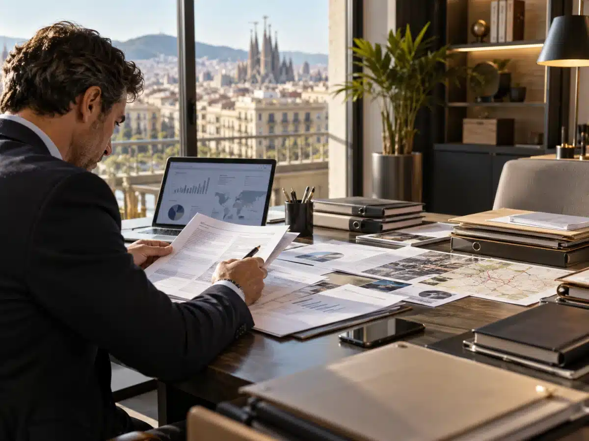 Detective privado analizando documentación comercial durante una investigación de competencia desleal